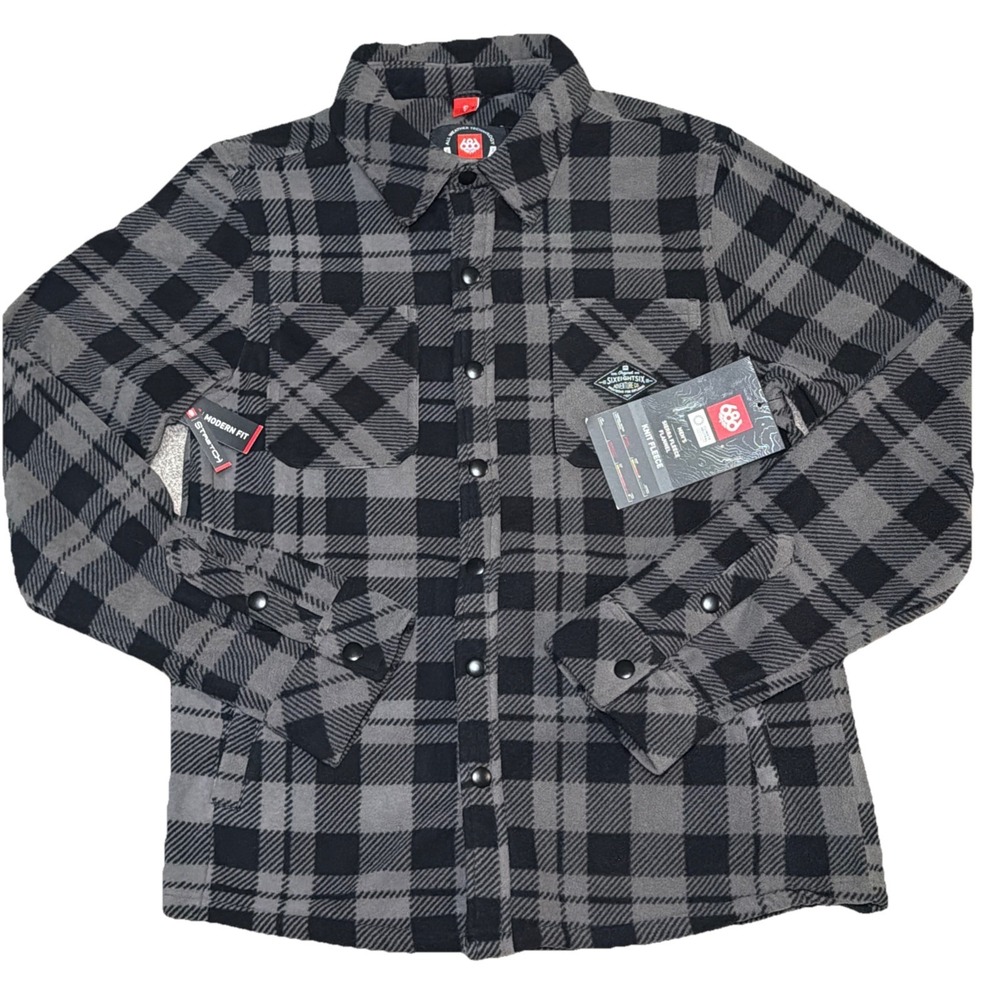 686 Men's Small Charcoal Plaid Sierra‎ Fleece Long Sleeve Flannel Full Snap